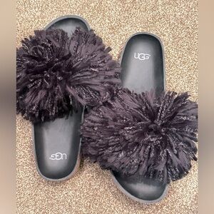 UGG Black Furry Slide Sandals